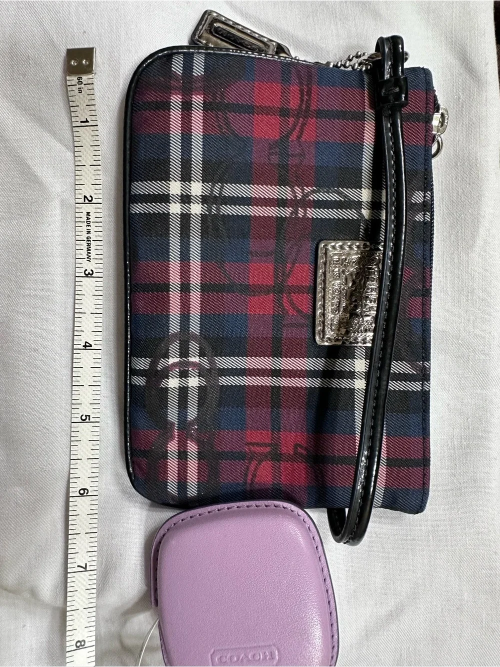 Coach Red & Black Plaid Wristlet Pouch with Silver Hardware